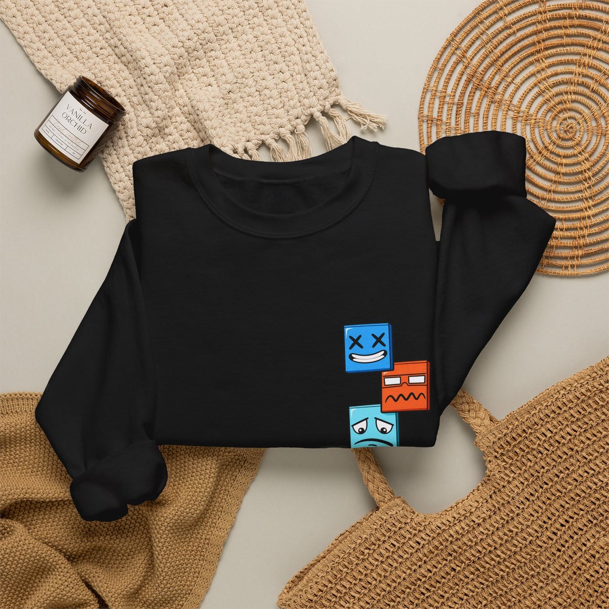Emotional Blocks Crewneck Sweatshirt — Stacked Expressive Face Cubes Graphic