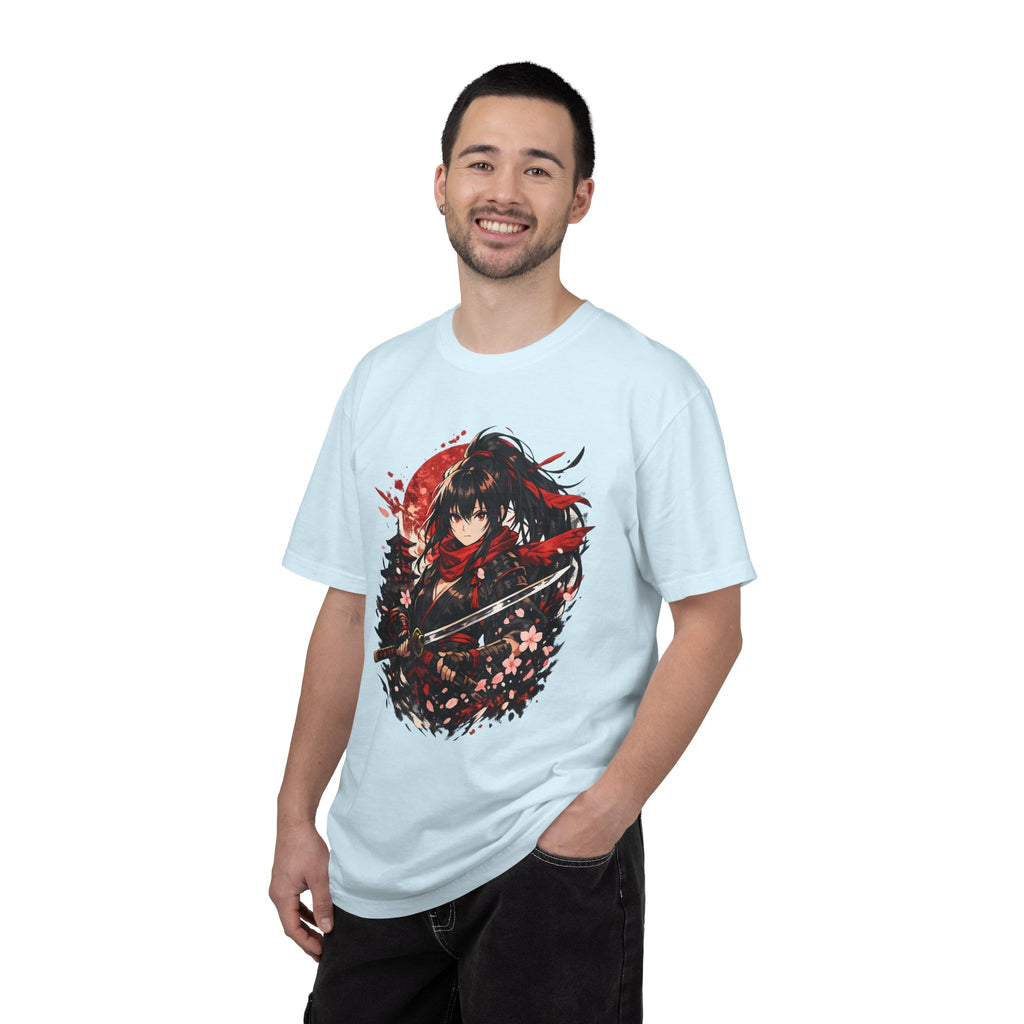 Samurai Anime Girl T-Shirt — Red Moon & Sakura Sword Art Tee
