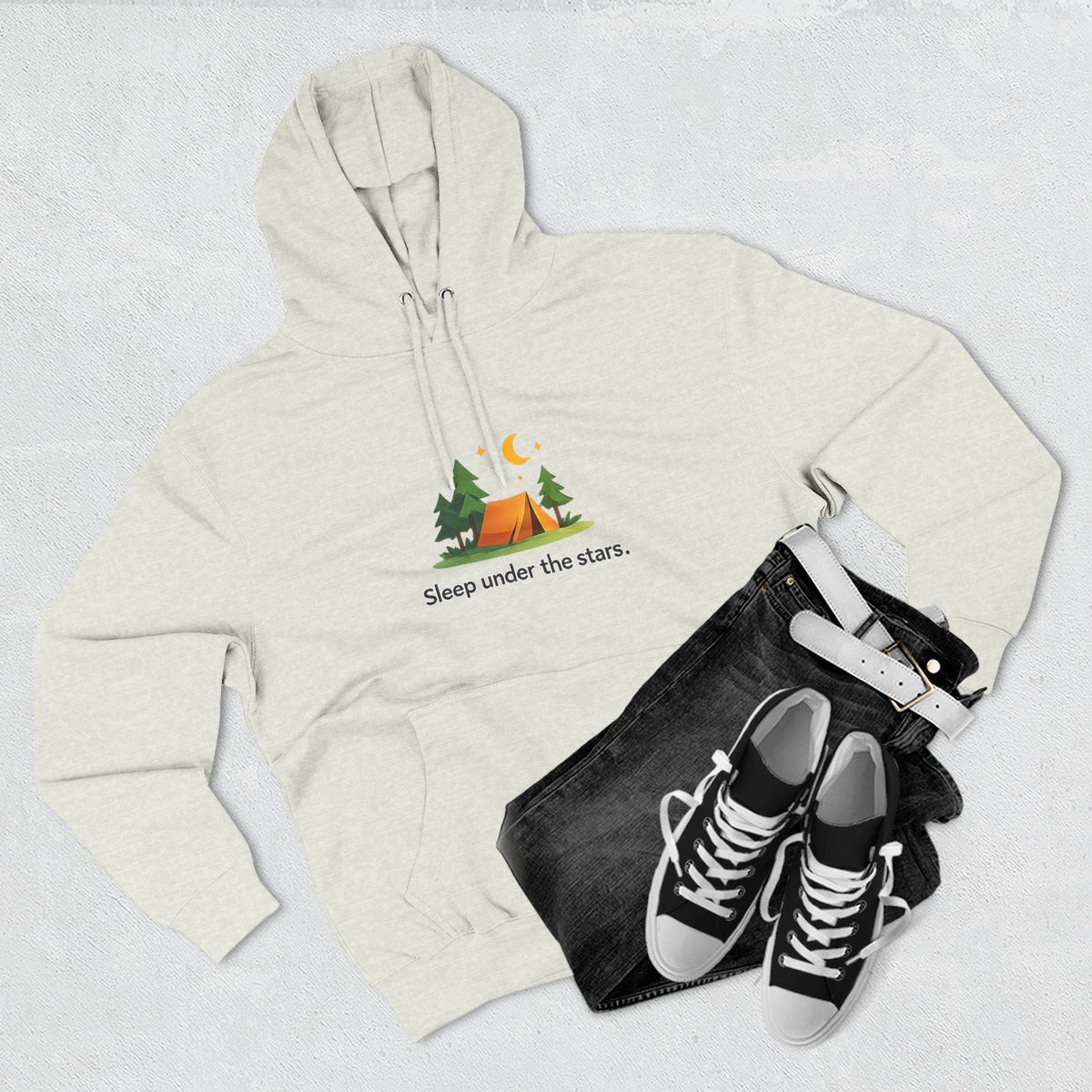 Camping Hoodie — "Sleep Under the Stars" Tent & Moon Graphic