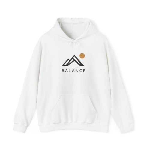 Balance Mountain Hoodie — Minimalist Sunrise Graphic Hooded Sweatshirt