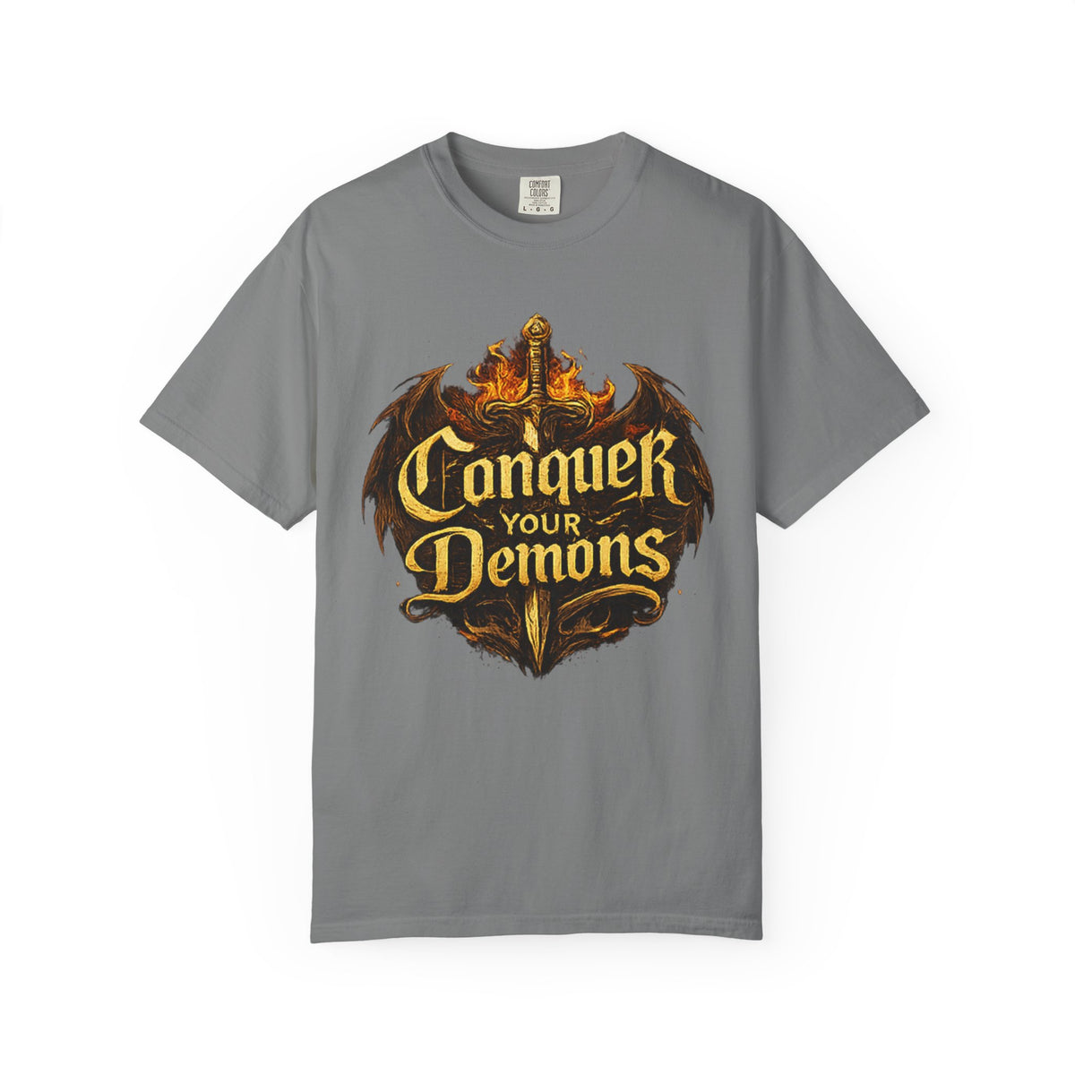 Conquer Your Demons T-Shirt — Gothic Sword & Flames Motivational Tee