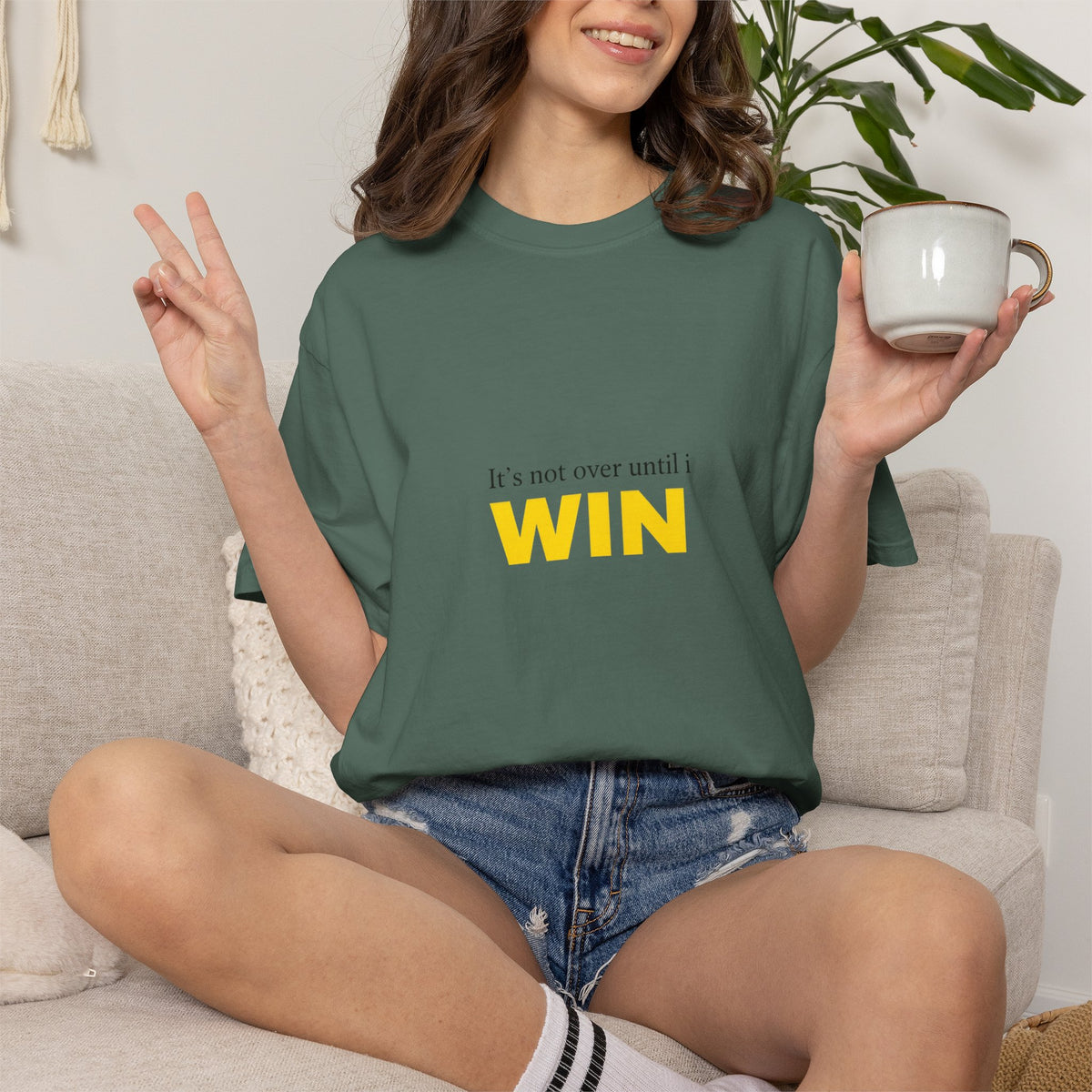 Motivational T-Shirt — "It’s Not Over Until I WIN" Bold Yellow Graphic