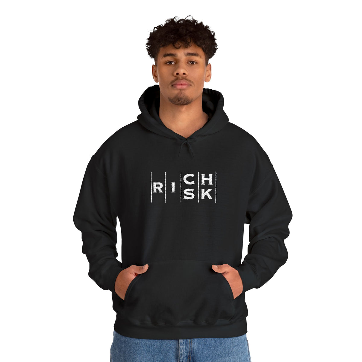 Risk/Reward Graphic Hoodie — “RISK | RICH” Distressed Text Sweatshirt