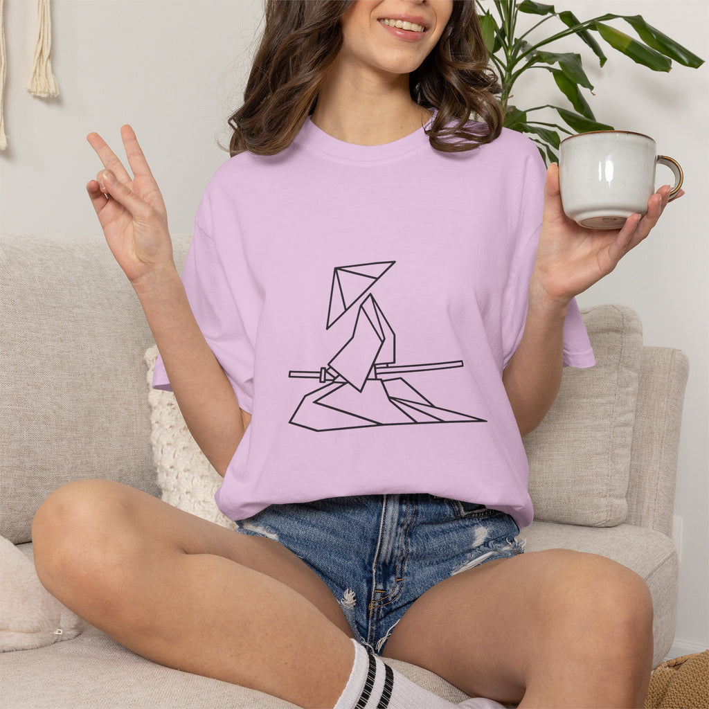Samurai Line Art T-Shirt — Minimal Origami Swordsman Graphic Tee