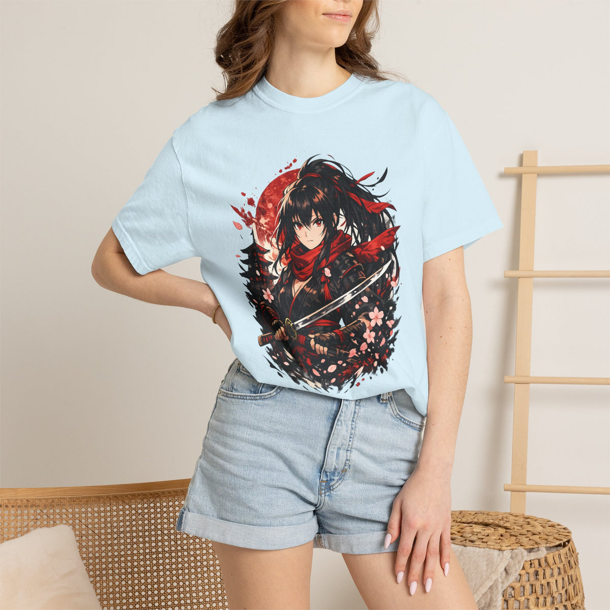 Samurai Anime Girl T-Shirt — Red Moon & Sakura Sword Art Tee