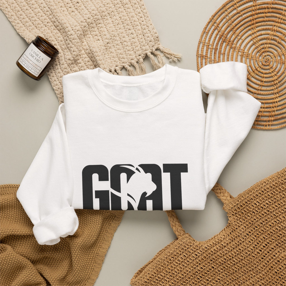 GOAT Graphic Sweatshirt — Athletic "GOAT" Logo Crewneck for Sports Fans