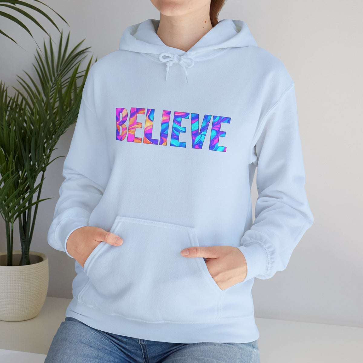 Believe in Yourself Hoodie — Colorful Watercolor Text Inspirational Sweatshirt