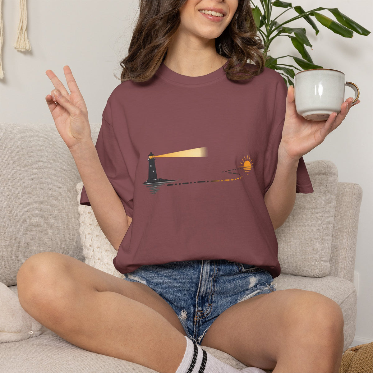Lighthouse Sunset T-Shirt — Nautical Coastal Tee with Beacon Graphic