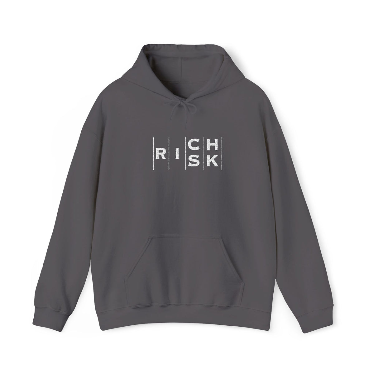Risk/Reward Graphic Hoodie — “RISK | RICH” Distressed Text Sweatshirt