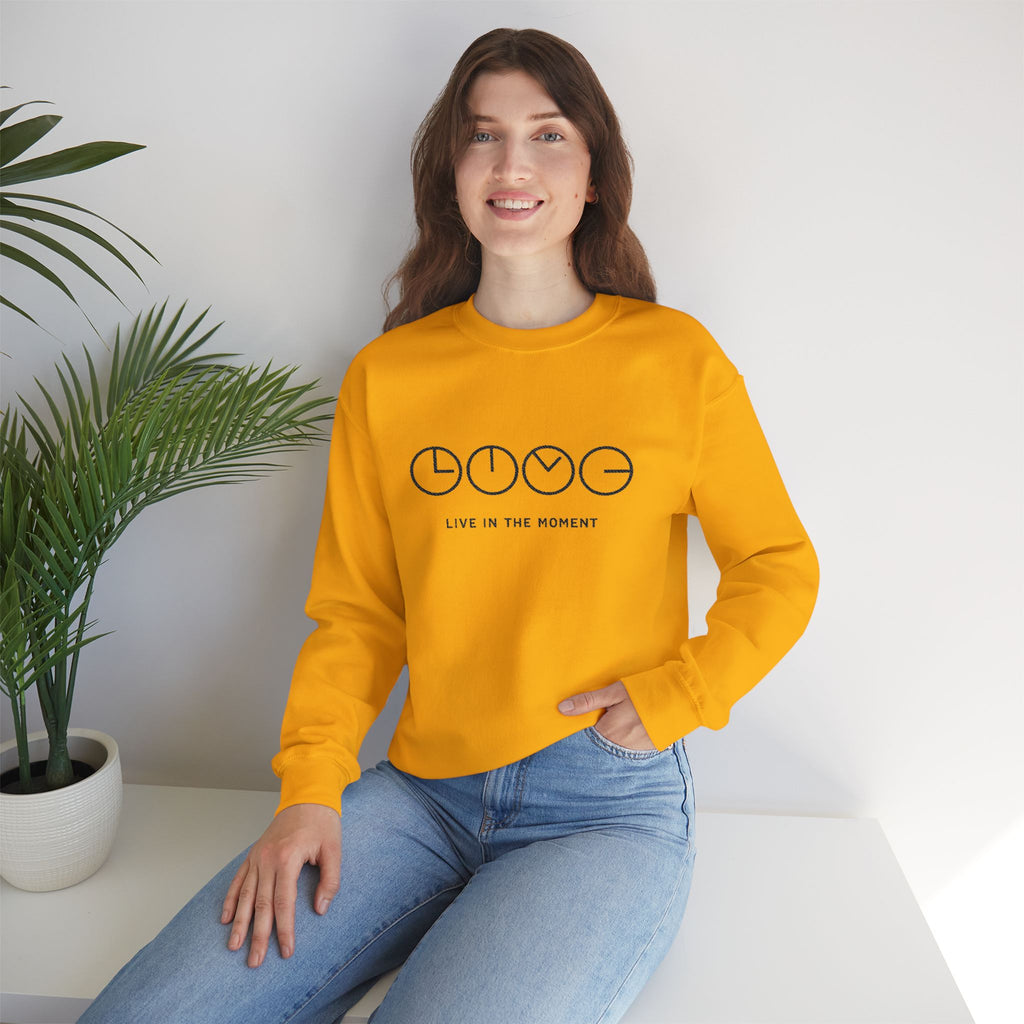 Live In The Moment Crewneck Sweatshirt — Minimal Clock Graphic Embroidered