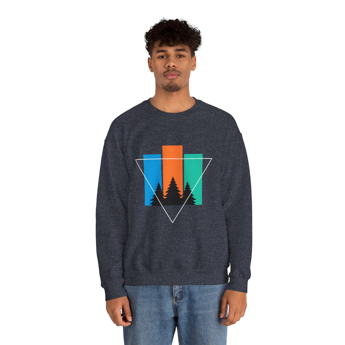 Retro Forest Crewneck Sweatshirt — Colorblock Trees Graphic