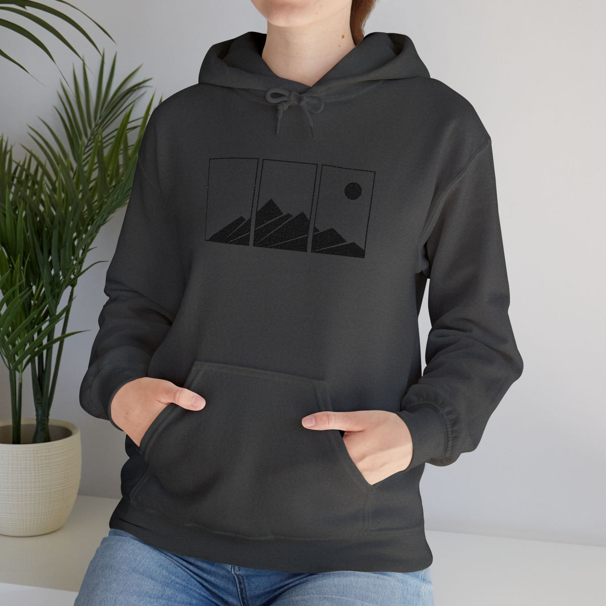 Mountain Triptych Hoodie — Minimalist Scenic Graphic Pullover Embroidered