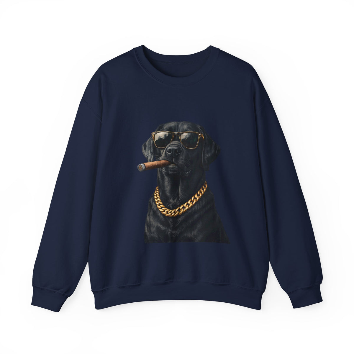 Cool Black Lab Crewneck Sweatshirt — Dog with Cigar & Gold Chain Graphic