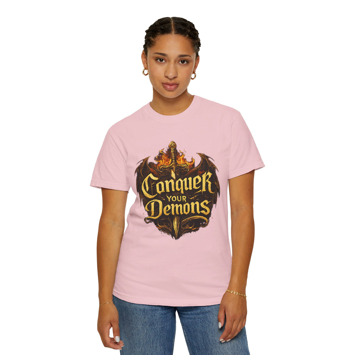 Conquer Your Demons T-Shirt — Gothic Sword & Flames Motivational Tee