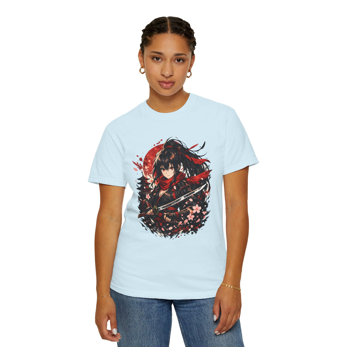 Samurai Anime Girl T-Shirt — Red Moon & Sakura Sword Art Tee