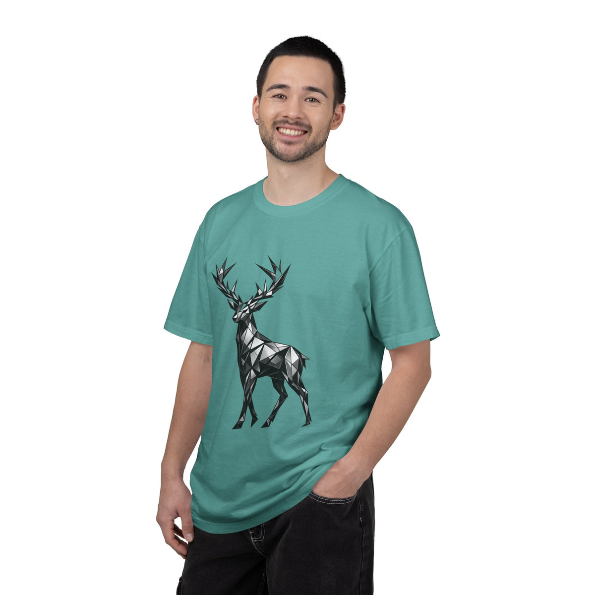 Geometric Stag T-Shirt — Black Polygon Deer Graphic Tee