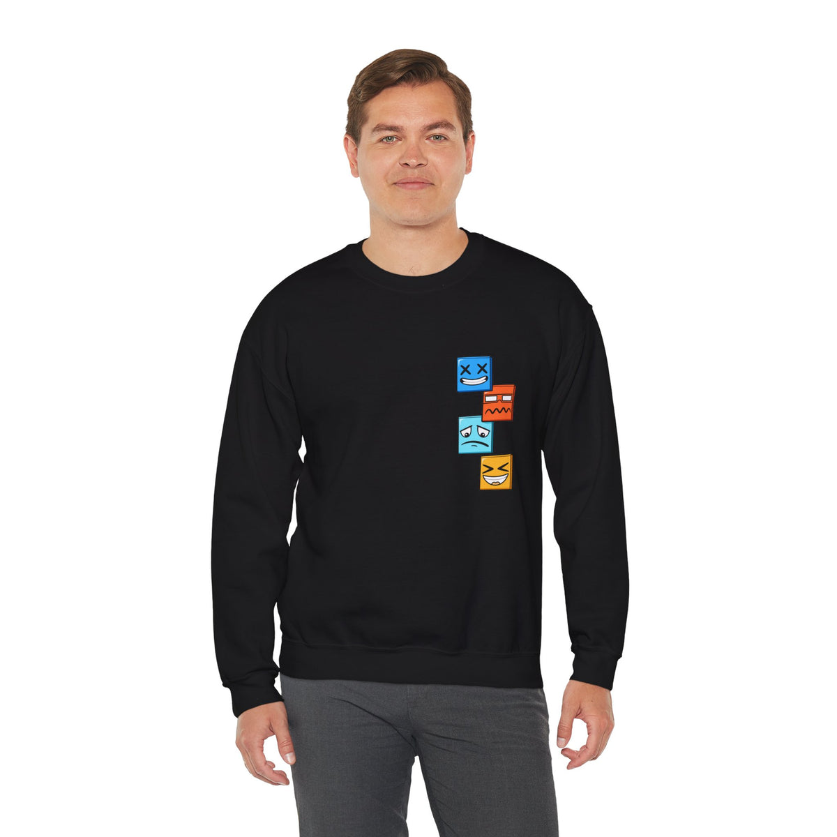 Emotional Blocks Crewneck Sweatshirt — Stacked Expressive Face Cubes Graphic
