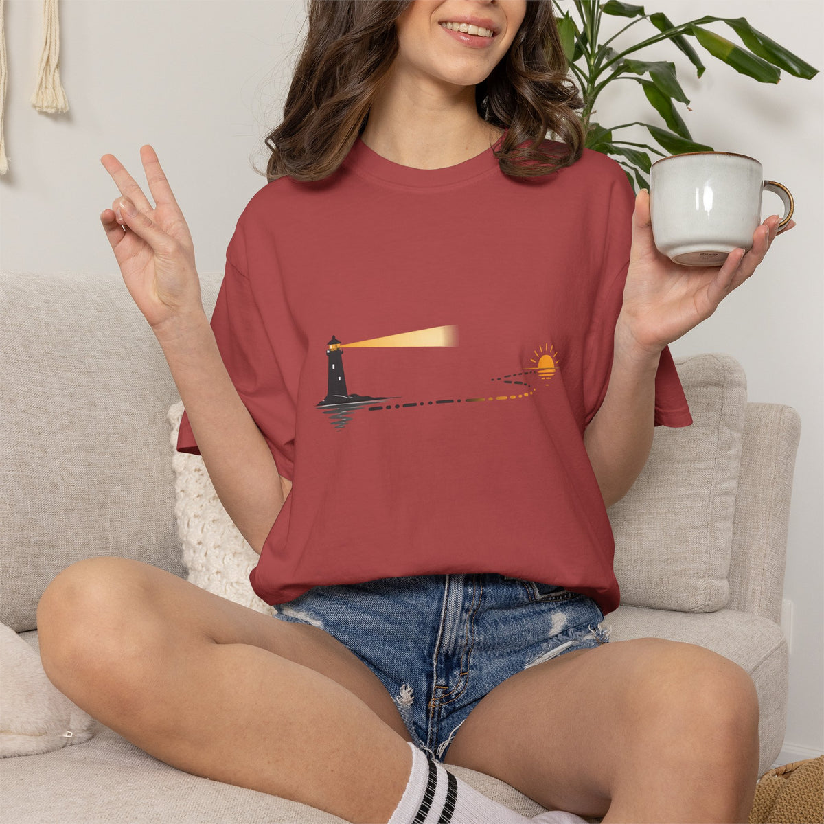 Lighthouse Sunset T-Shirt — Nautical Coastal Tee with Beacon Graphic