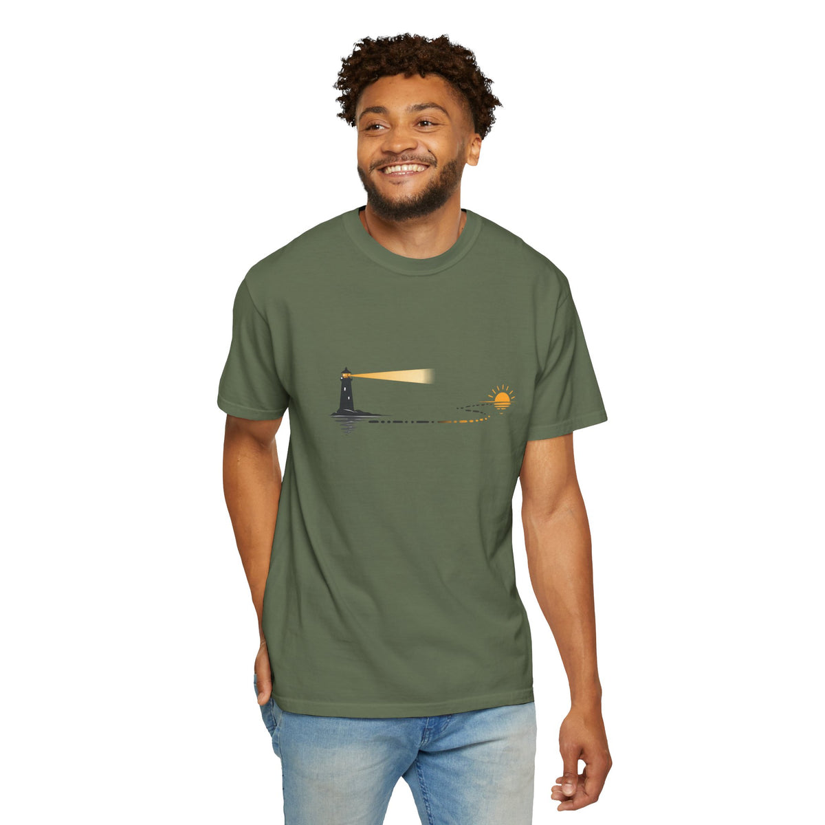 Lighthouse Sunset T-Shirt — Nautical Coastal Tee with Beacon Graphic