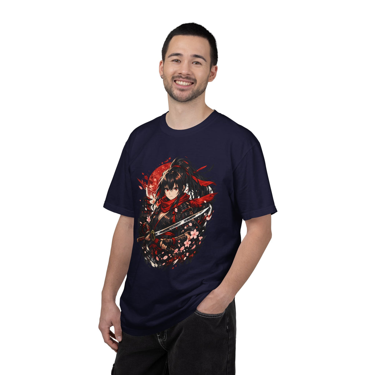 Samurai Anime Girl T-Shirt — Red Moon & Sakura Sword Art Tee