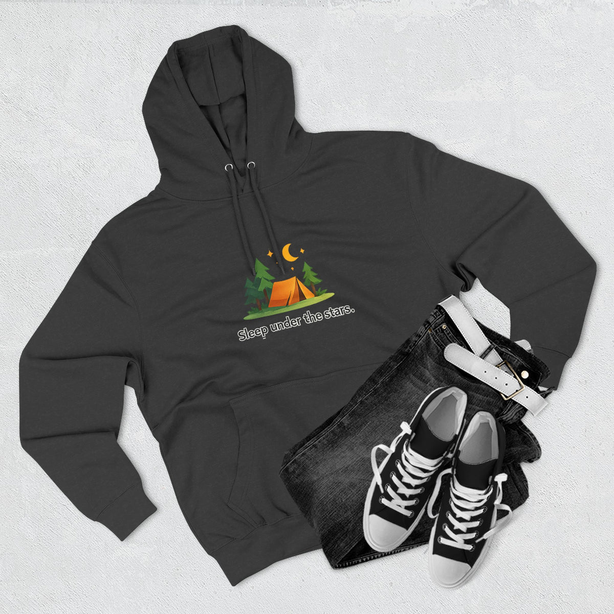 Camping Hoodie — "Sleep Under the Stars" Tent & Moon Graphic