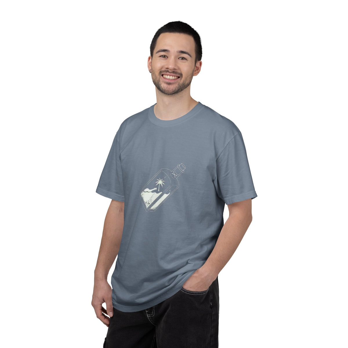 Pocket Island T‑Shirt — Minimal Bottle Isle Graphic Tee