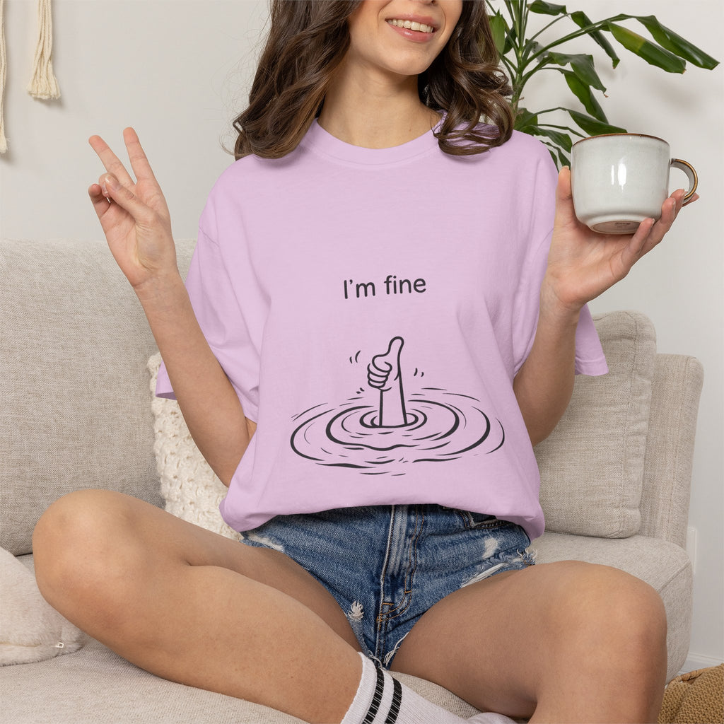 I’m Fine T-Shirt — Minimal Funny Tee with Thumbs-Up Drowning Illustration