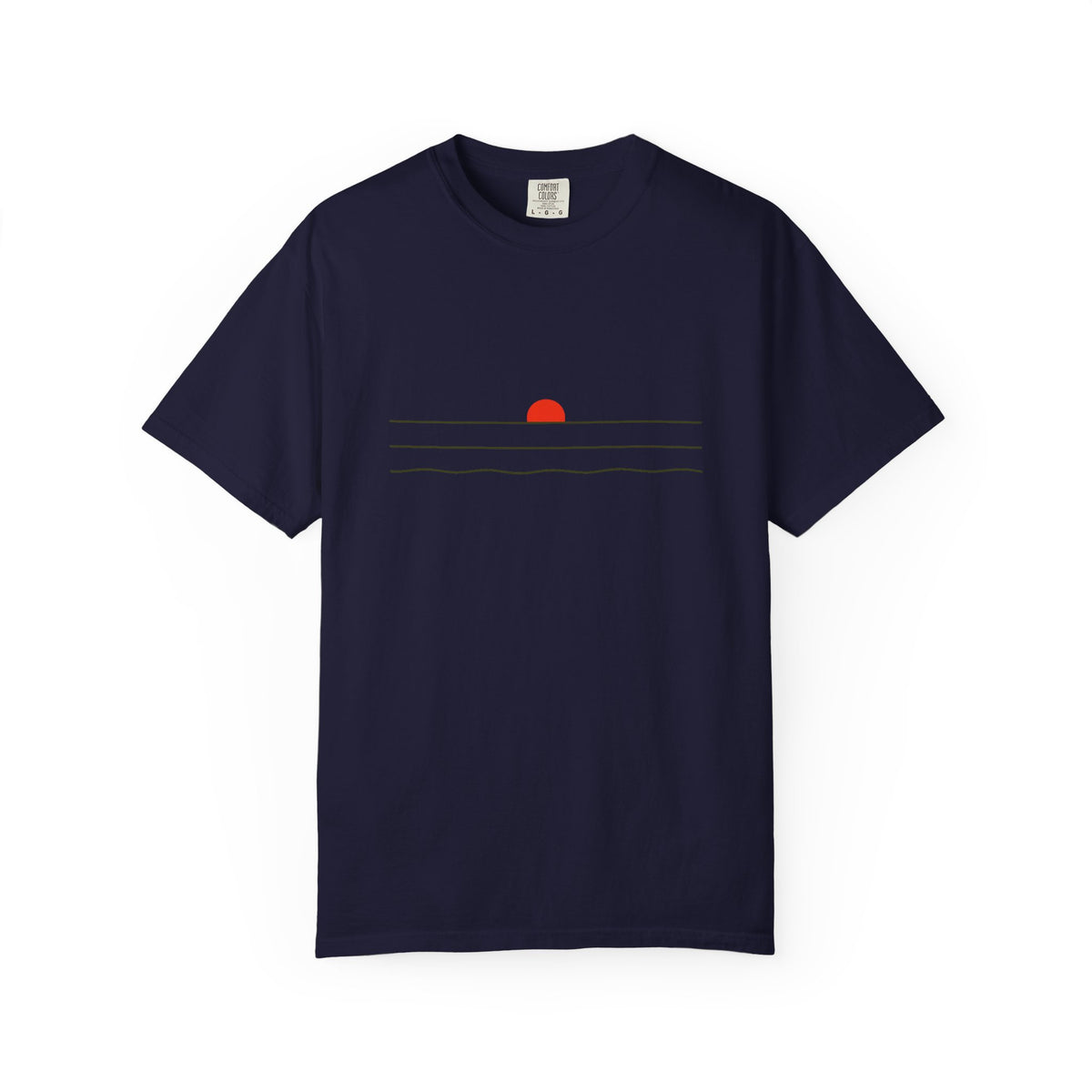 Sunset Minimalist T-Shirt — Red Sun Over Wavy Lines Tee