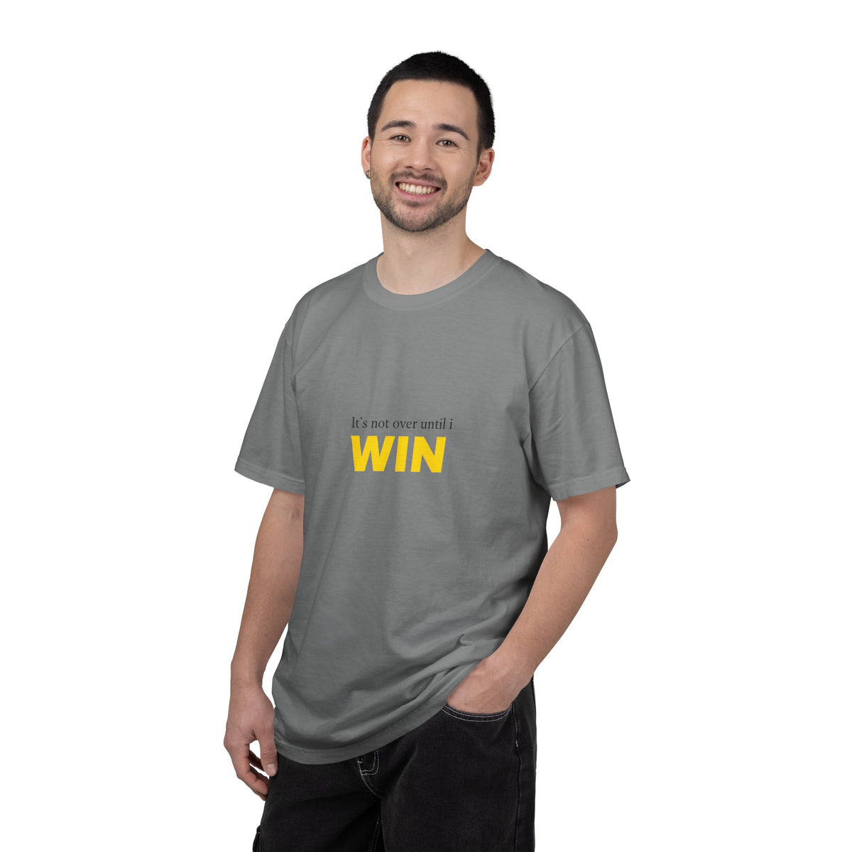 Motivational T-Shirt — "It’s Not Over Until I WIN" Bold Yellow Graphic