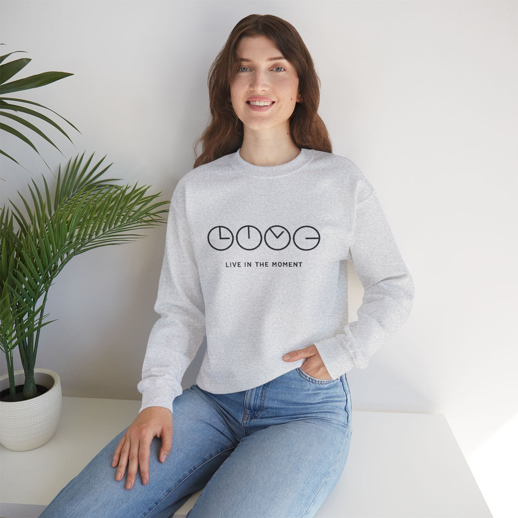 Live In The Moment Crewneck Sweatshirt — Minimal Clock Graphic Embroidered