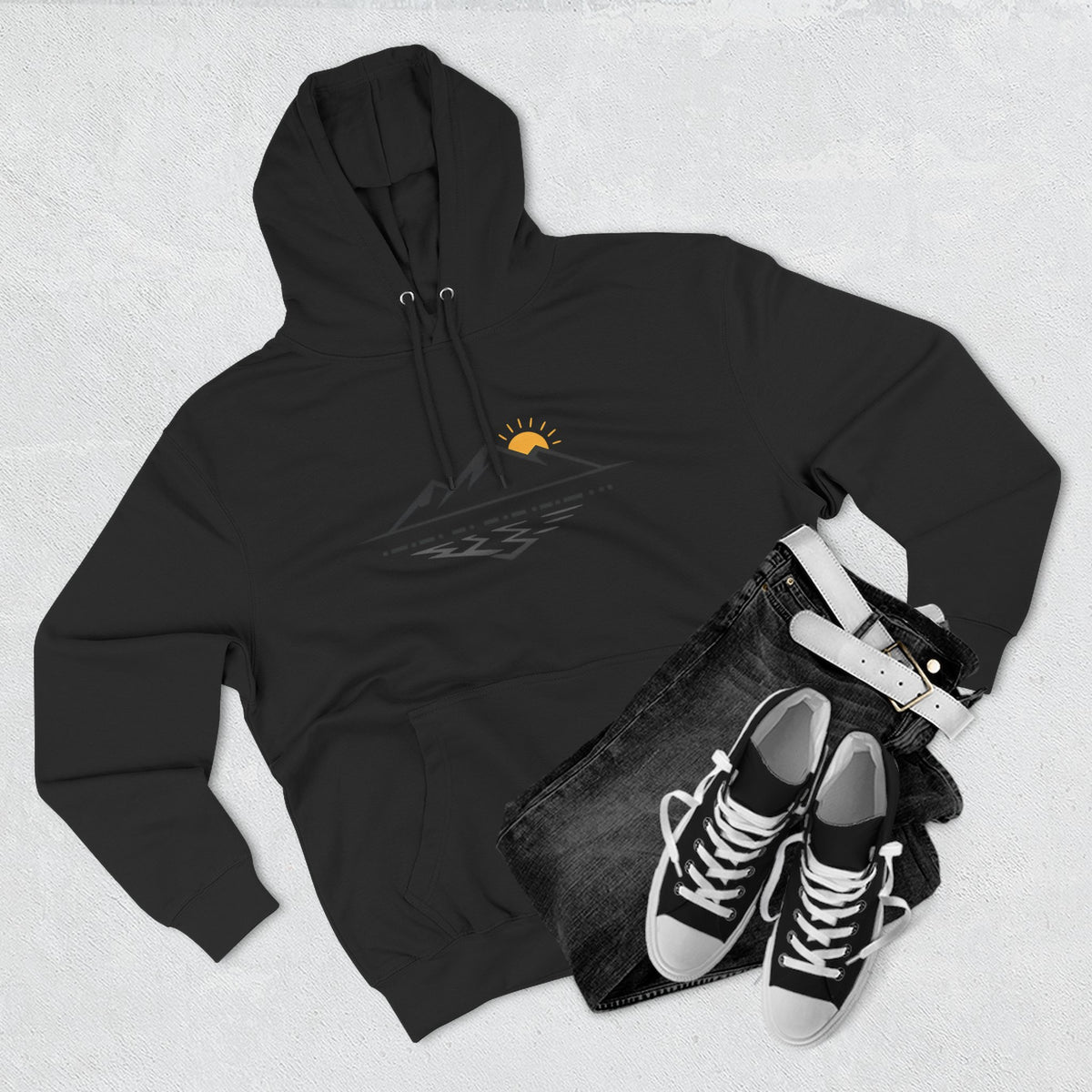 Mountain Sunrise Hoodie — Minimal Outdoor Graphic Pullover