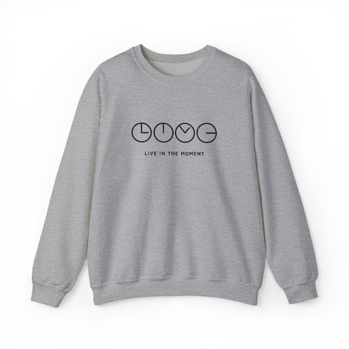 Live In The Moment Crewneck Sweatshirt — Minimal Clock Graphic Embroidered