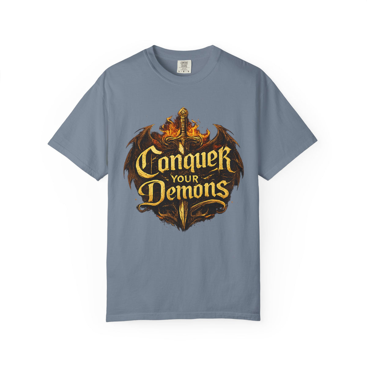Conquer Your Demons T-Shirt — Gothic Sword & Flames Motivational Tee