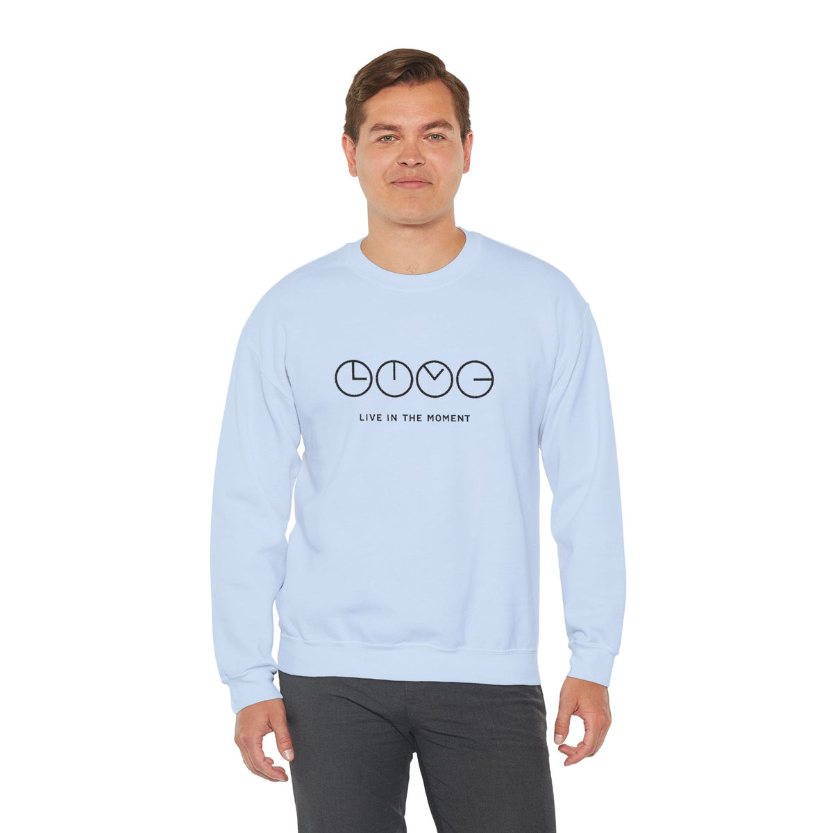 Live In The Moment Crewneck Sweatshirt — Minimal Clock Graphic Embroidered