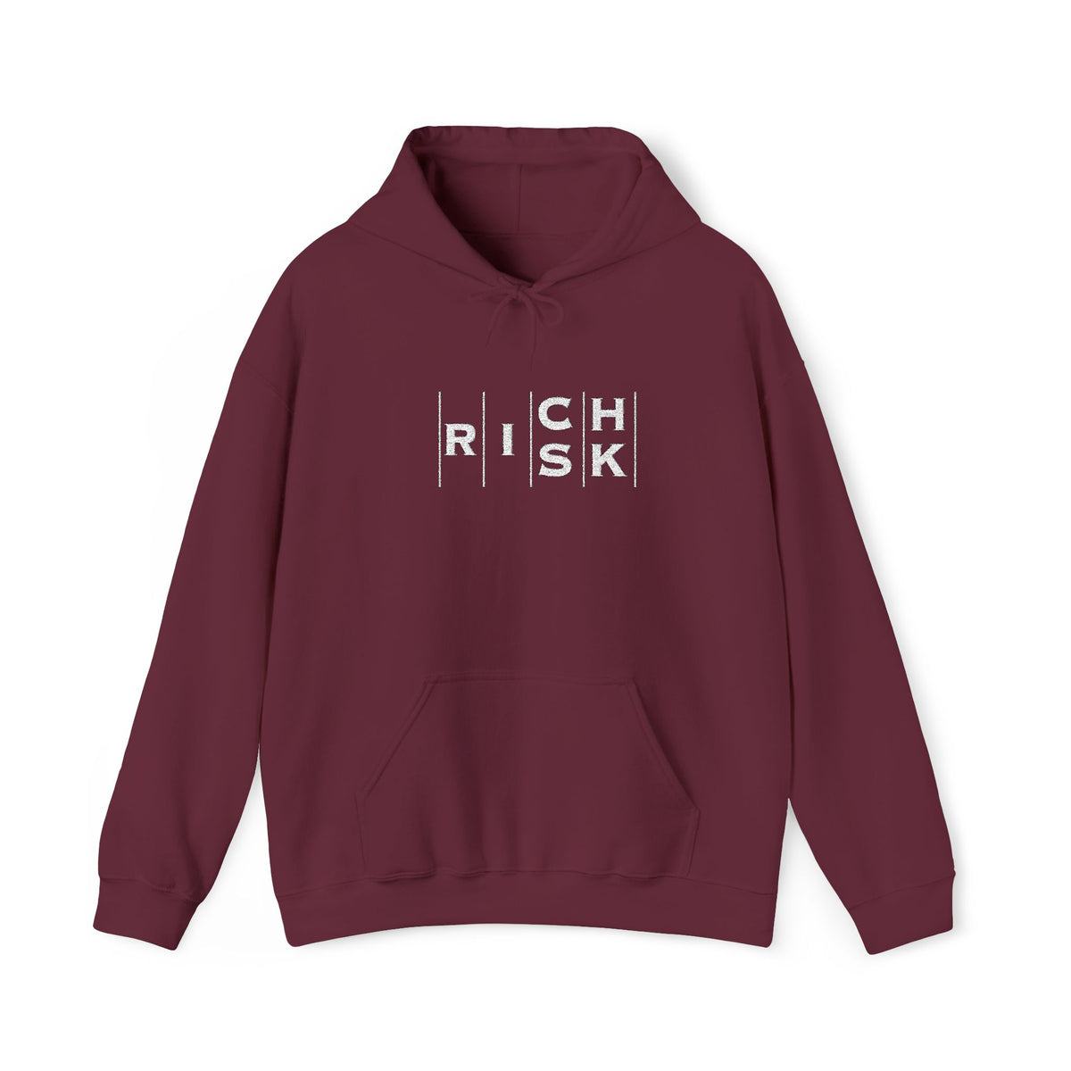 Risk/Reward Graphic Hoodie — “RISK | RICH” Distressed Text Sweatshirt