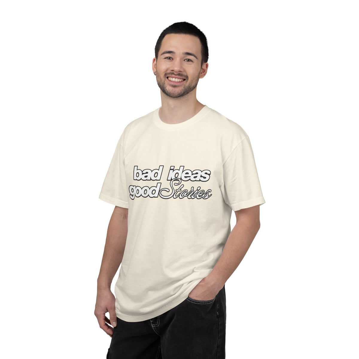 T-Shirt — “bad ideas good stories” Retro Script Tee