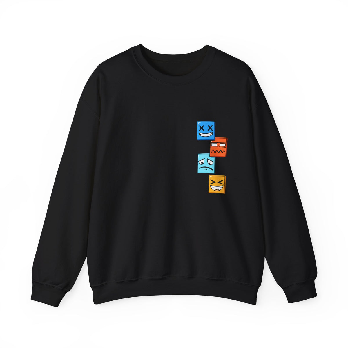 Emotional Blocks Crewneck Sweatshirt — Stacked Expressive Face Cubes Graphic