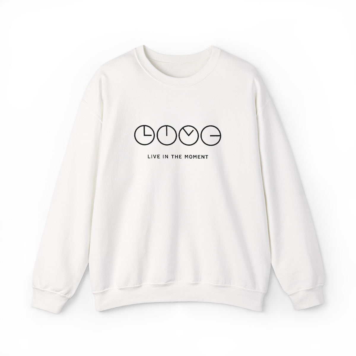 Live In The Moment Crewneck Sweatshirt — Minimal Clock Graphic Embroidered