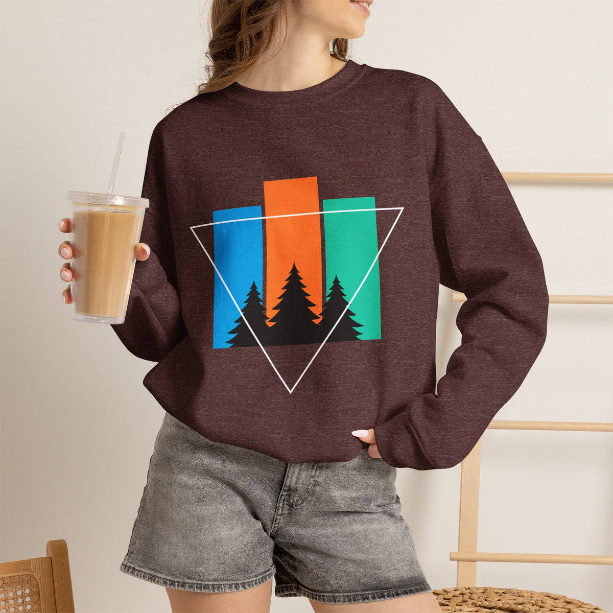 Retro Forest Crewneck Sweatshirt — Colorblock Trees Graphic