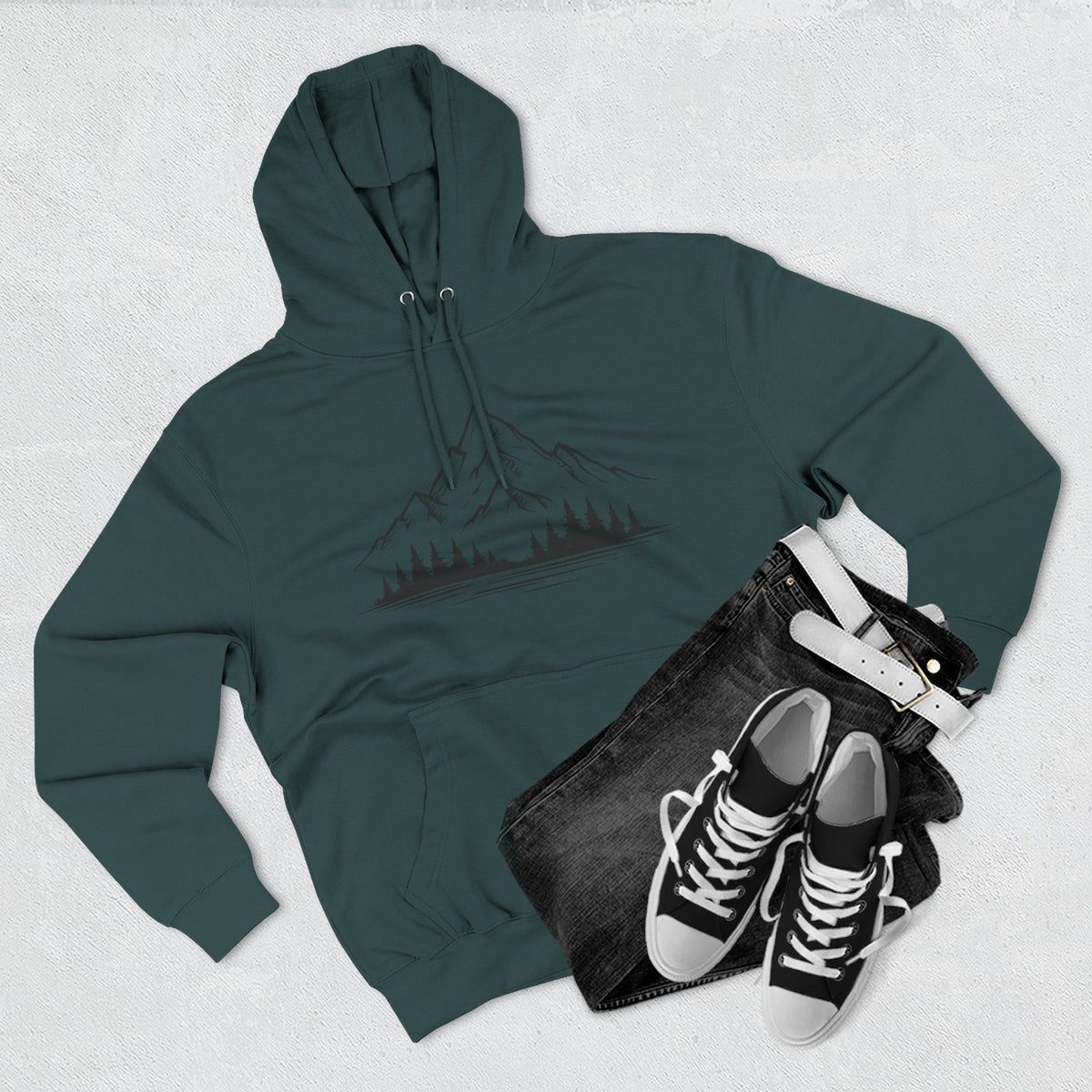 Mountain Pines Hoodie — Minimal Mountain & Forest Graphic Pullover