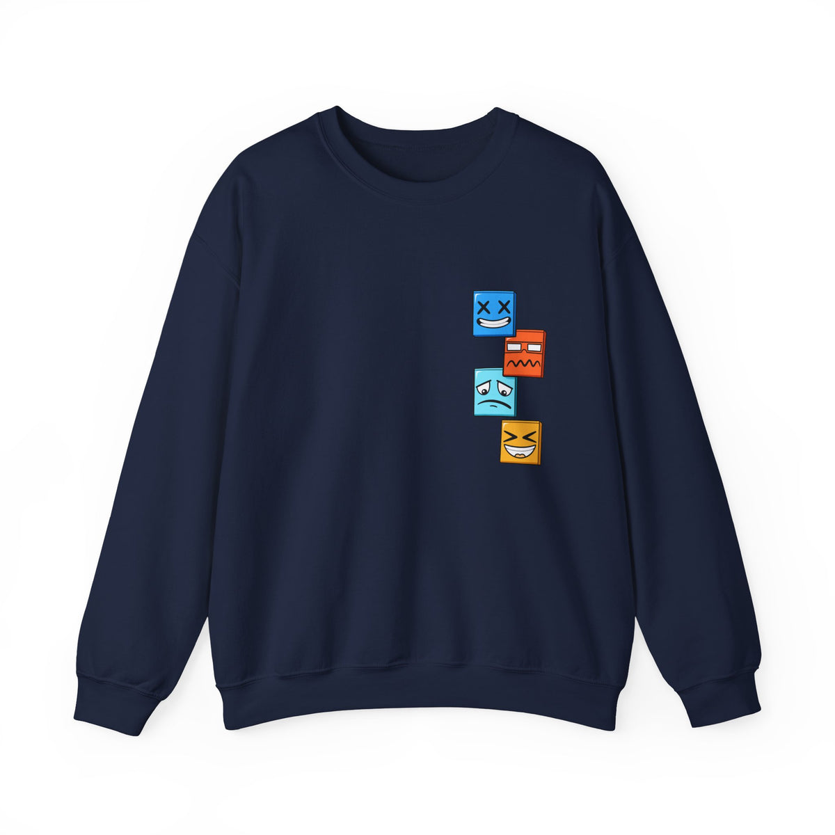 Emotional Blocks Crewneck Sweatshirt — Stacked Expressive Face Cubes Graphic