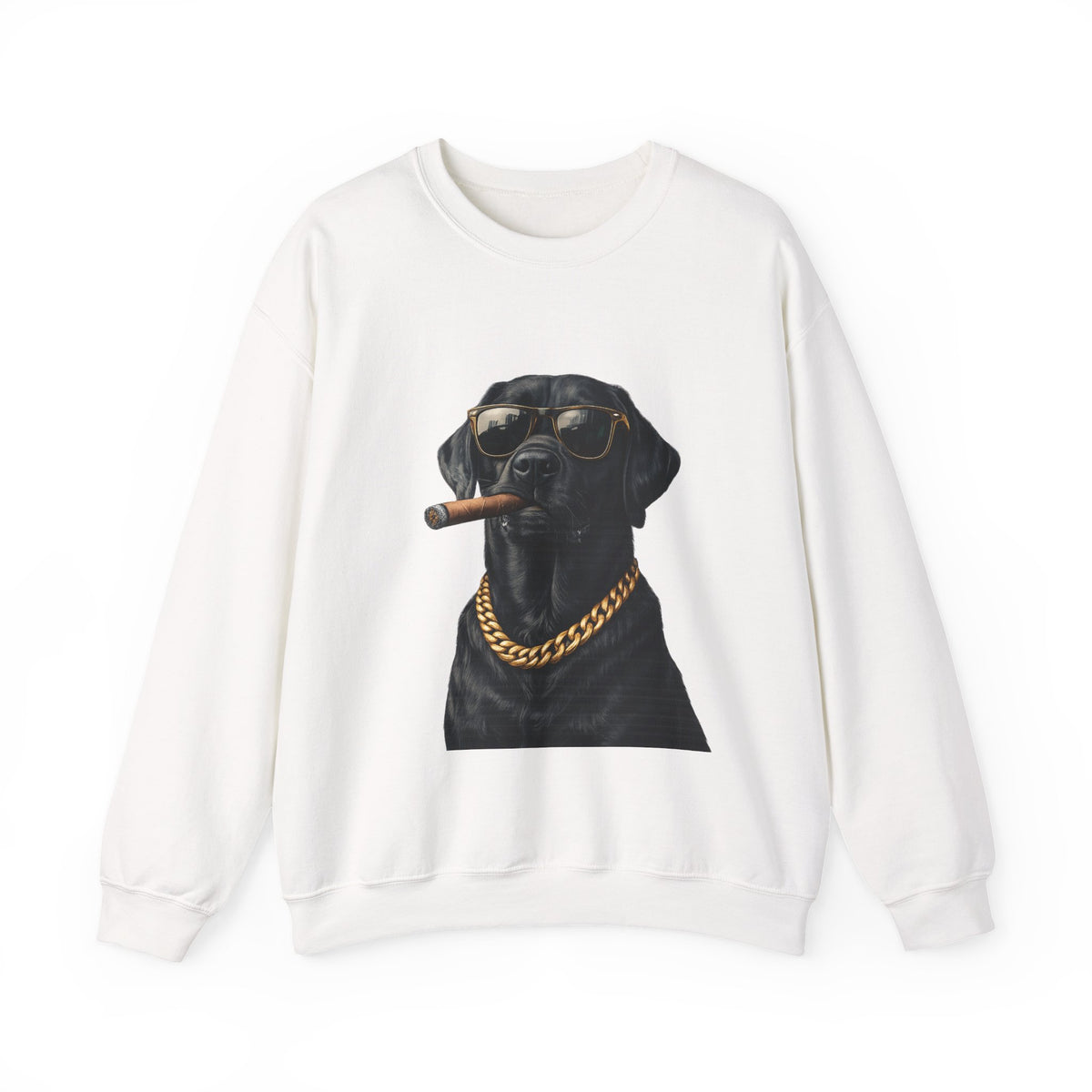 Cool Black Lab Crewneck Sweatshirt — Dog with Cigar & Gold Chain Graphic