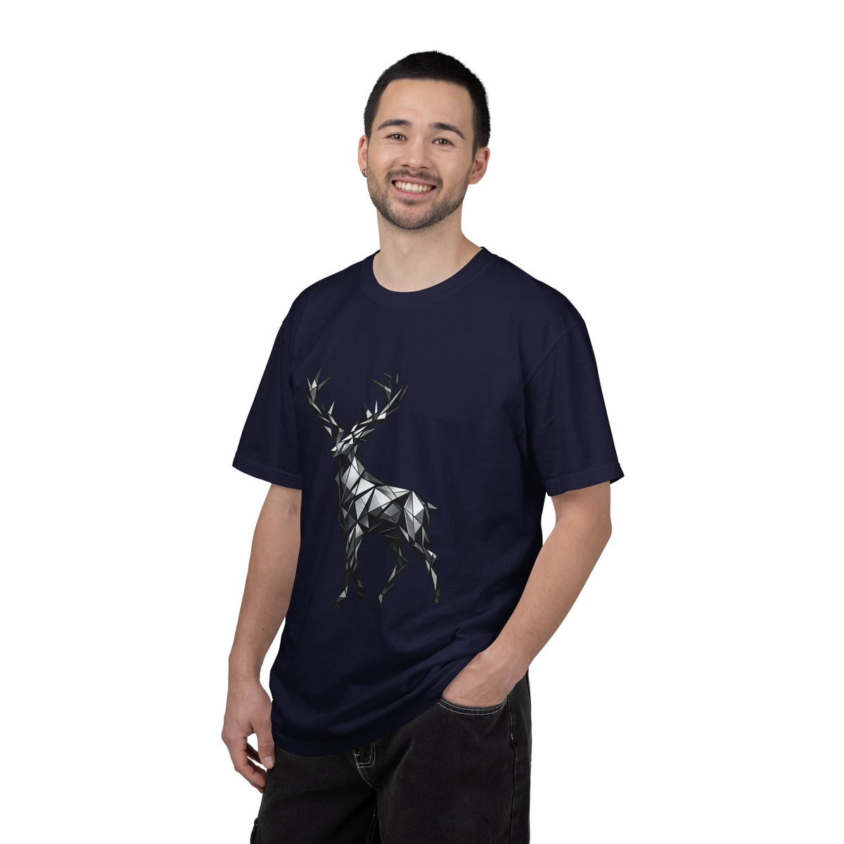 Geometric Stag T-Shirt — Black Polygon Deer Graphic Tee