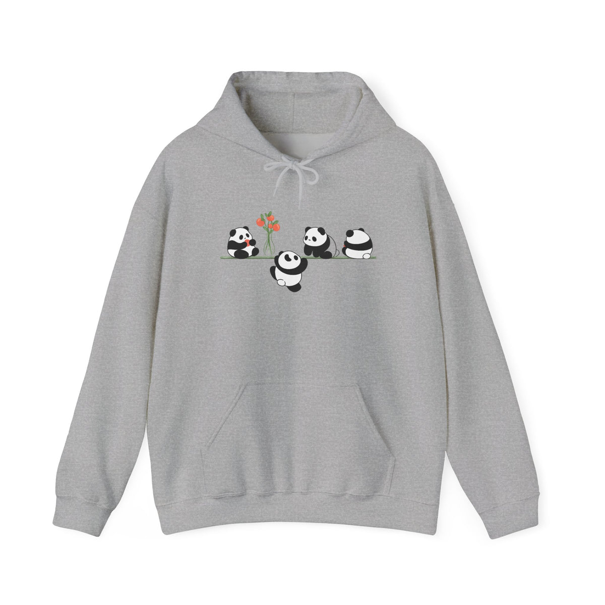 Pandas on a Line Hoodie — Cute Cartoon Pandas Holding Flower Pullover