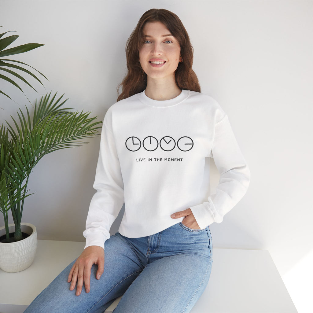Live In The Moment Crewneck Sweatshirt — Minimal Clock Graphic Embroidered
