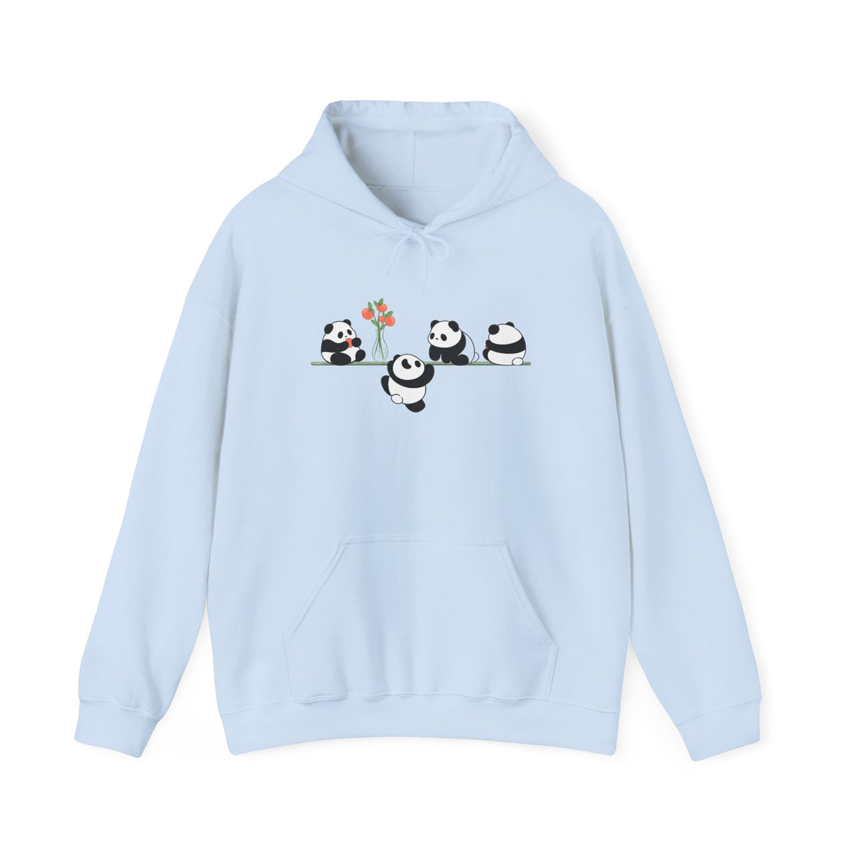 Pandas on a Line Hoodie — Cute Cartoon Pandas Holding Flower Pullover