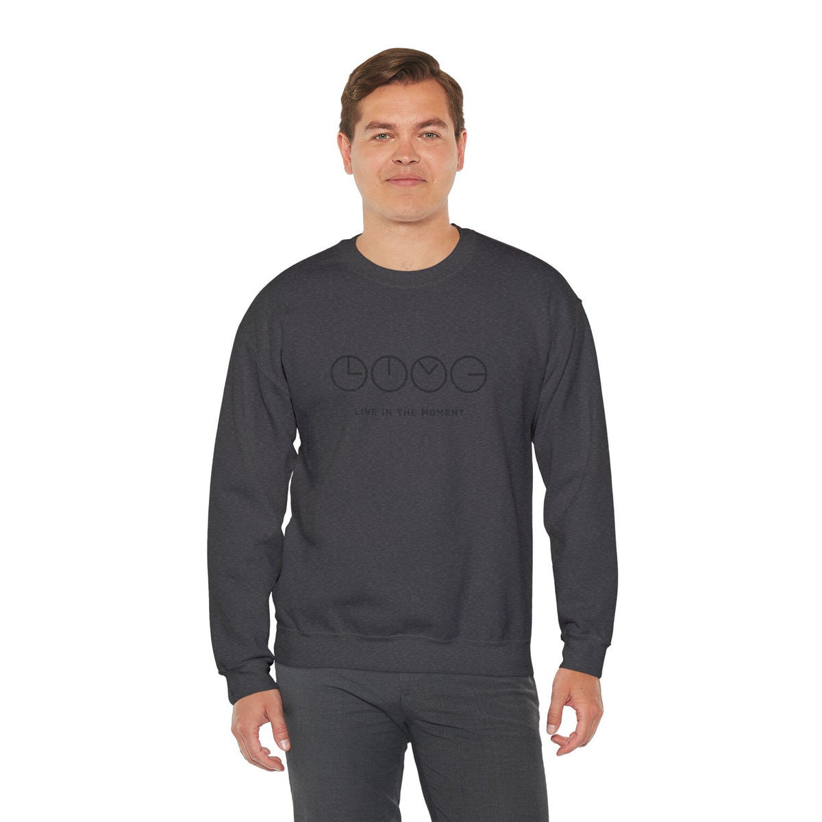 Live In The Moment Crewneck Sweatshirt — Minimal Clock Graphic Embroidered