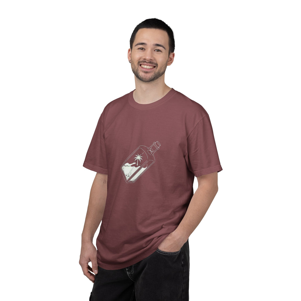 Pocket Island T‑Shirt — Minimal Bottle Isle Graphic Tee