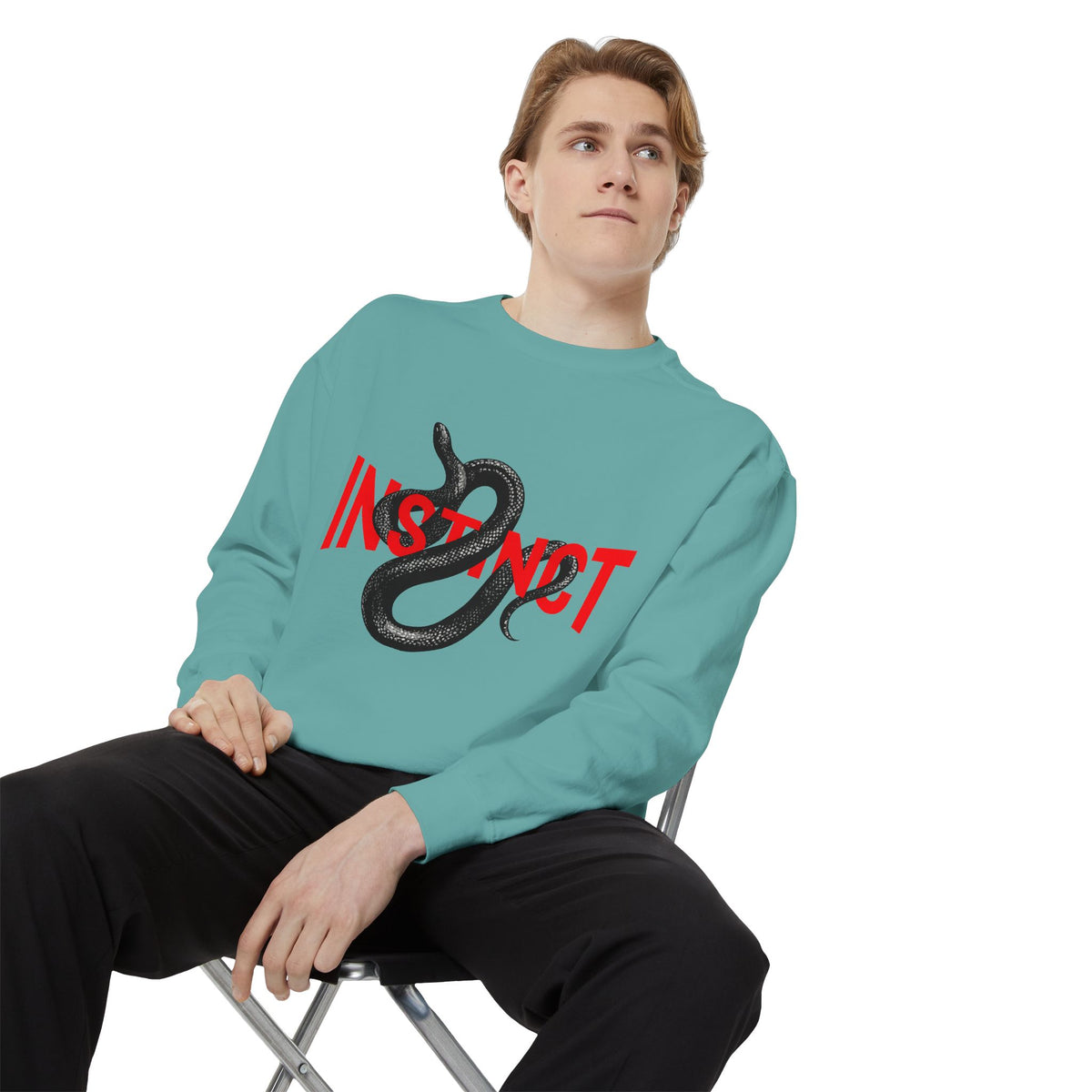 Instinct Snake Sweatshirt — Graphic Crewneck with Bold Red Text