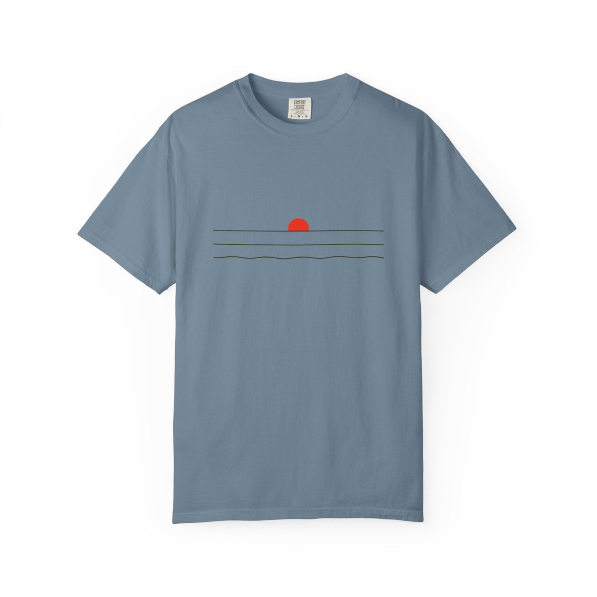 Sunset Minimalist T-Shirt — Red Sun Over Wavy Lines Tee